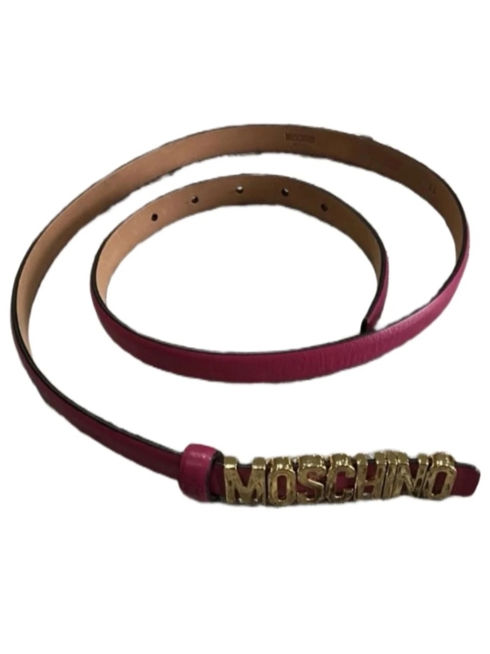 Moschino Fuchsia Leather Belt with Gold Logo Buckle
